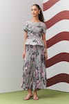 Buy_Pleats By Aruni_Gray Crepe Boat Neck Grey Jasmine Print Top And Skirt Set _at_Aza_Fashions
