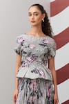 Pleats By Aruni_Gray Crepe Boat Neck Grey Jasmine Print Top And Skirt Set _Online_at_Aza_Fashions