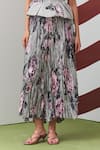 Shop_Pleats By Aruni_Gray Crepe Boat Neck Grey Jasmine Print Top And Skirt Set _Online_at_Aza_Fashions