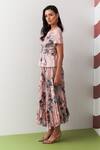 Pleats By Aruni_Peach Crepe Round Neck Jasmine Print Top And Skirt Set _Online_at_Aza_Fashions