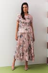 Buy_Pleats By Aruni_Peach Crepe Round Neck Jasmine Print Top And Skirt Set _at_Aza_Fashions