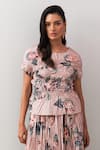Buy_Pleats By Aruni_Peach Crepe Round Neck Jasmine Print Top And Skirt Set _Online_at_Aza_Fashions