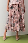 Pleats By Aruni_Peach Crepe Round Neck Jasmine Print Top And Skirt Set _at_Aza_Fashions