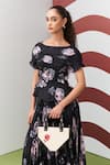 Shop_Pleats By Aruni_Black Crepe, Polyester Boat Neck Jasmin Printed Top And Skirt Set _Online_at_Aza_Fashions