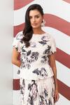 Pleats By Aruni_White Crepe Boat Neck Jasmine Print Top And Skirt Set _at_Aza_Fashions