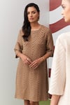 Shop_Pleats By Aruni_Beige Crepe, Satin Round Neck Avanya Dress _Online_at_Aza_Fashions