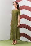 Buy_Pleats By Aruni_Green Crepe Boat Neck Napori Dress _Online_at_Aza_Fashions