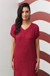 Buy_Pleats By Aruni_Maroon Polyester V-neck Willia Textured Dress _Online_at_Aza_Fashions