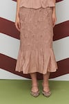 Shop_Pleats By Aruni_Peach Crepe Ruffles Round Neck Aster Top And Skirt Set _Online_at_Aza_Fashions