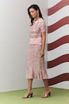 Pleats By Aruni_Pink Crepe Ruffles, Embroidery Round Neck Aster Top And Skirt Set _Online_at_Aza_Fashions