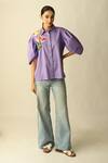 Shop_Studio Moda India_Purple Cotton Embroidery Collared The Whisp Shirt _at_Aza_Fashions
