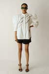 Studio Moda India_White Cotton Beads Mandarin Collar The Rill Puff Sleeve Shirt _Online_at_Aza_Fashions