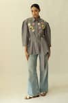 Buy_Studio Moda India_Gray Cotton Patchwork, Embroidery Collared The Florula Shirt _Online_at_Aza_Fashions