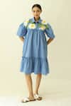 Buy_Studio Moda India_Blue Cotton Embroidery Collared The Gardenia Dress _at_Aza_Fashions