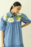 Buy_Studio Moda India_Blue Cotton Embroidery Collared The Gardenia Dress _Online_at_Aza_Fashions