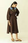 Studio Moda India_Brown Cotton Embroidery Collared The Floradusk Dress _Online_at_Aza_Fashions
