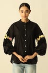 Buy_Studio Moda India_Black Cotton Applique Mandarin Collar The Florae Embroidered Shirt _at_Aza_Fashions
