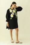 Buy_Studio Moda India_Black Cotton Embroidery Round Neck The Fleuron Dress _Online_at_Aza_Fashions