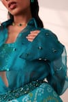 Style Junkiie_Teal Organza Rhinestones Collared Seafoam Sheer Shirt _Online_at_Aza_Fashions