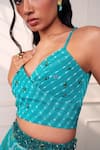 Style Junkiie_Teal Crepe Embroidery, Mirrors V-neck The Knot Seafoam Wrap Top _at_Aza_Fashions