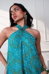 Style Junkiie_Teal Crepe Beads Halter Neck The Knot Seafoam Cascade Jumpsuit _Online_at_Aza_Fashions