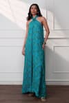 Buy_Style Junkiie_Teal Crepe Beads Halter Neck The Knot Seafoam Cascade Jumpsuit _at_Aza_Fashions