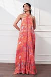 Buy_Style Junkiie_Orange Satin, Chiffon, Crepe Beads Halter Neck Spice Bloom Cascade Jumpsuit _Online_at_Aza_Fashions