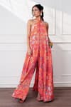 Style Junkiie_Orange Satin, Chiffon, Crepe Beads Halter Neck Spice Bloom Cascade Jumpsuit _at_Aza_Fashions