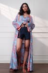 Buy_Style Junkiie_Blue Satin, Chiffon Sequins, Beads Open Neck Icy Bloom Cloud Duster _at_Aza_Fashions