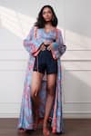 Shop_Style Junkiie_Blue Satin, Chiffon Embroidery V-neck Icy Bloom Wrap Top _at_Aza_Fashions