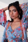 Buy_Style Junkiie_Blue Satin, Chiffon Embroidery V-neck Icy Bloom Wrap Top _Online_at_Aza_Fashions