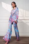 Buy_Style Junkiie_Blue Satin, Chiffon Beads, Embroidery Collared, Cowl Neck Icy Bloom Wrap Shirt _Online_at_Aza_Fashions