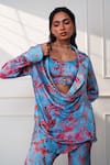 Buy_Style Junkiie_Blue Satin, Chiffon Beads, Embroidery Collared, Cowl Neck Icy Bloom Wrap Shirt _at_Aza_Fashions