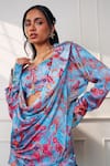 Style Junkiie_Blue Satin, Chiffon Beads, Embroidery Collared, Cowl Neck Icy Bloom Wrap Shirt _at_Aza_Fashions