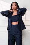 Shop_Style Junkiie_Navy Denim, Crepe Beads, Sequins Neel Jashn Blazer With Baaju Bandh _Online_at_Aza_Fashions