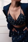 Style Junkiie Navy Denim, Crepe Beads, Sequins V-neck Neel Jashn Embroidered Bustier Online at Aza Fashions Style Junkiie_Navy Denim, Crepe Beads, Sequins V-neck Neel Jashn Embroidered Bustier _Online_at_Aza_Fashions