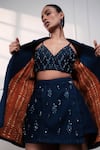 Shop Style Junkiie Navy Denim, Crepe Beads, Sequins V-neck Neel Jashn Embroidered Bustier at Aza Fashions Shop_Style Junkiie_Navy Denim, Crepe Beads, Sequins V-neck Neel Jashn Embroidered Bustier _at_Aza_Fashions