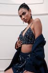Style Junkiie Navy Denim, Crepe Beads, Sequins V-neck Neel Jashn Embroidered Bustier at Aza Fashions Style Junkiie_Navy Denim, Crepe Beads, Sequins V-neck Neel Jashn Embroidered Bustier _at_Aza_Fashions