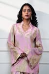 Shop_Style Junkiie_Pink Georgette, Crepe, Tissue, Lurex Embroidery, Petal Paisley Farsi Kurta _Online_at_Aza_Fashions