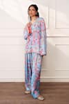 Style Junkiie_Blue Satin, Chiffon, Georgette Embroidery, Beads, Mirrors Icy Bloom Farsi Kurta _Online_at_Aza_Fashions