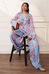 Buy_Style Junkiie_Blue Satin, Chiffon, Georgette Embroidery, Beads, Mirrors Icy Bloom Farsi Kurta _Online_at_Aza_Fashions