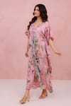 Aroop Shop India_Pink Chiffon Embroidery, Tassels V-neck Floral Printed Kaftan  _Online_at_Aza_Fashions