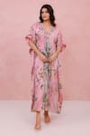Buy_Aroop Shop India_Pink Chiffon Embroidery, Tassels V-neck Floral Printed Kaftan  _at_Aza_Fashions