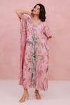 Shop_Aroop Shop India_Pink Chiffon Embroidery, Tassels V-neck Floral Printed Kaftan  _Online_at_Aza_Fashions