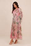 Buy_Aroop Shop India_Pink Chiffon Embroidery, Beads Split V-neck Floral Hand Gathered Dress _Online_at_Aza_Fashions