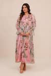 Buy_Aroop Shop India_Pink Chiffon Embroidery, Beads Split V-neck Floral Hand Gathered Dress _at_Aza_Fashions
