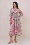 Buy_Aroop Shop India_Pink Chiffon Embroidery Round Neck Floral Printed Hand Midi Dress _at_Aza_Fashions