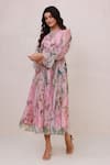 Aroop Shop India_Pink Chiffon Embroidery Round Neck Floral Printed Hand Midi Dress _Online_at_Aza_Fashions