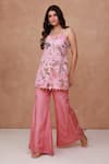 Aroop Shop India_Pink Chiffon, Silk Beads, Tassels Floral Printed Kurta And Flared Palazzo Set _Online_at_Aza_Fashions