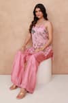Aroop Shop India_Pink Chiffon, Silk Beads, Tassels Floral Printed Kurta And Flared Palazzo Set _at_Aza_Fashions
